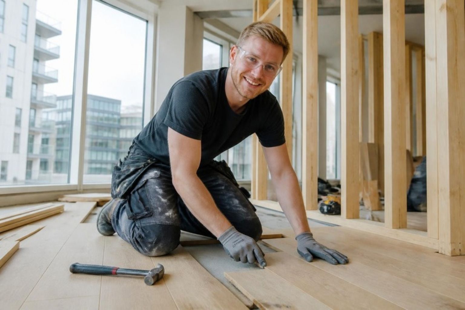 Smilende tømrer arbejder i en lys, nyere lejlighed