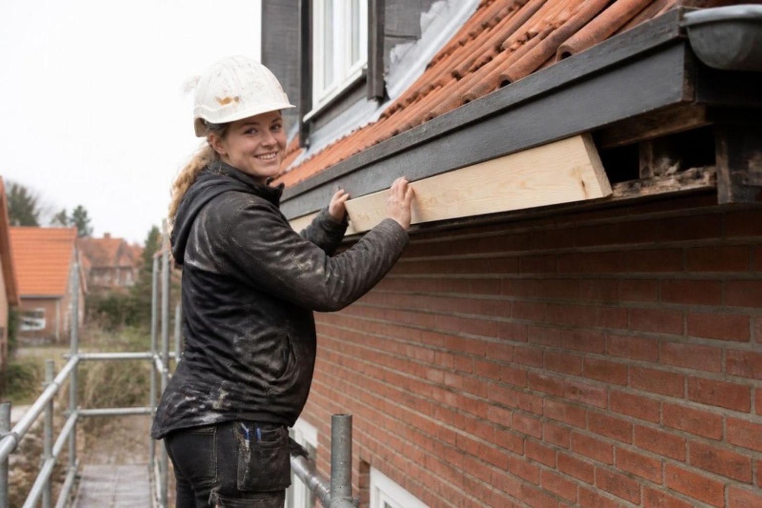 Smilende tømrer arbejder ved tagudhænget på en villa i røde mursten