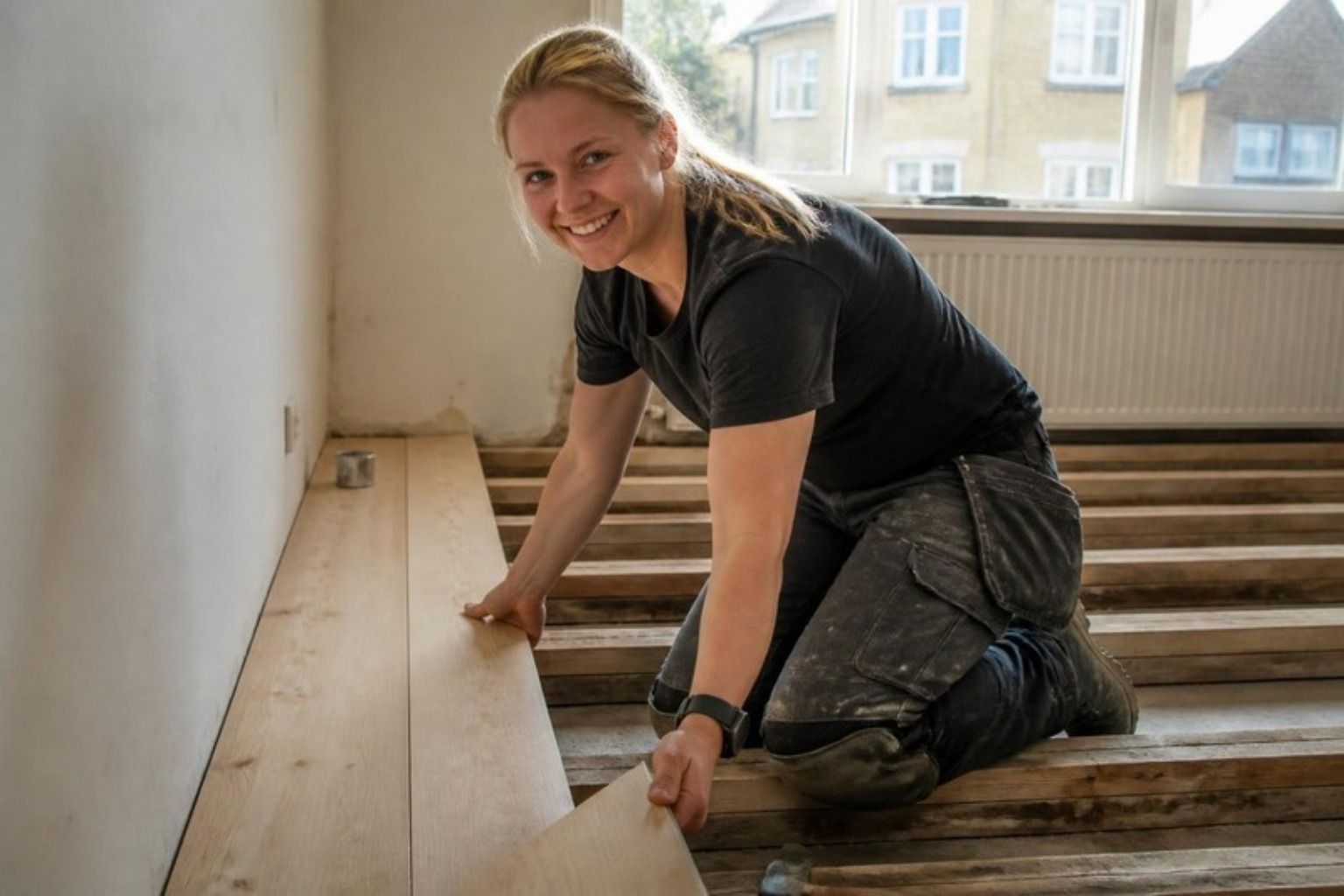 Smilende tømrer lægger strøer på bjælkelaget i en ældre lejlighed