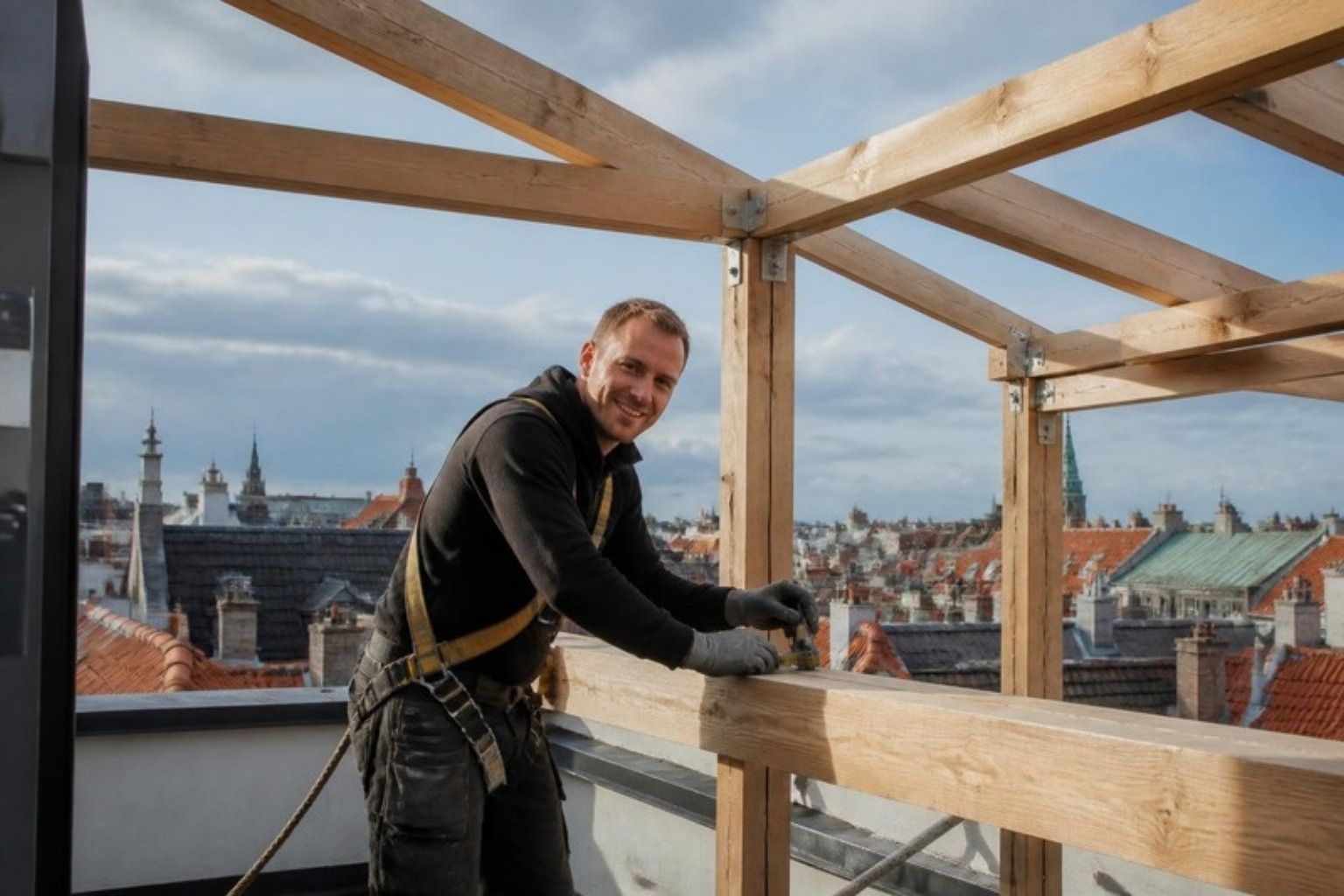 Tømrer bygger en overdækning i træ på en tagterrasse i København